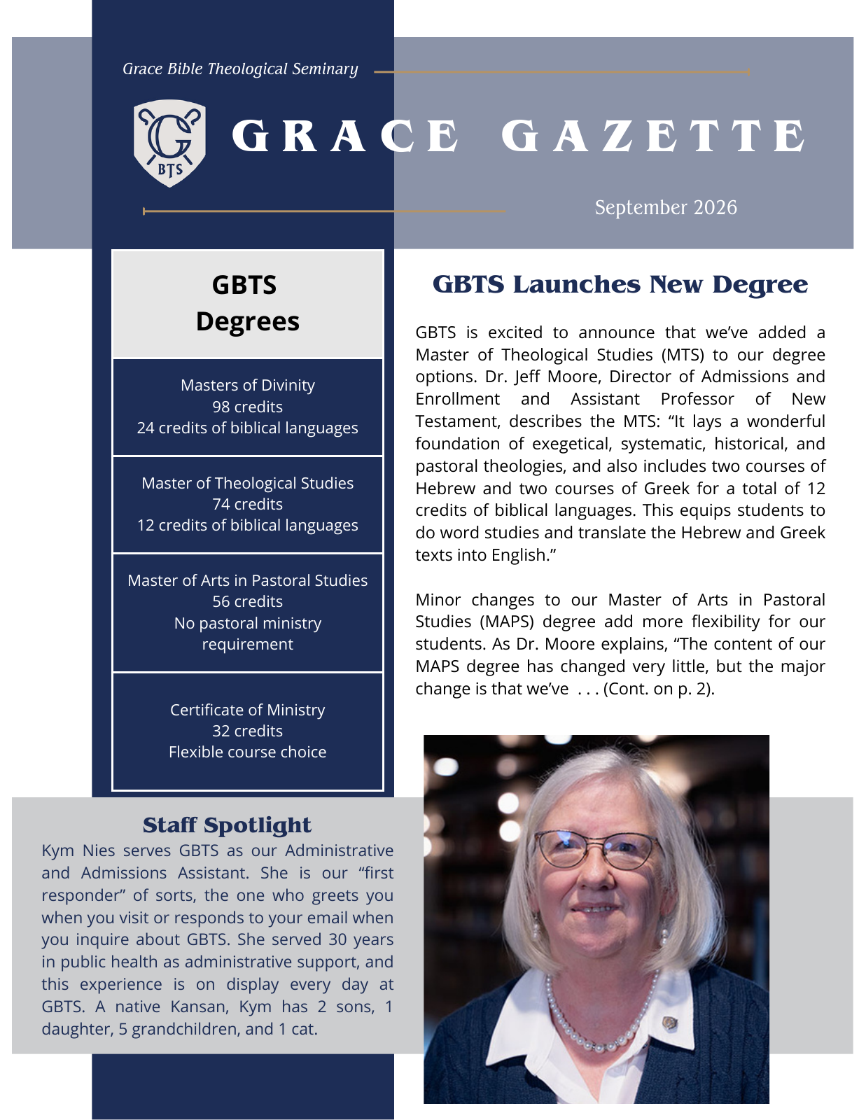 First page of the September 2026 Grace Gazette newsletter.